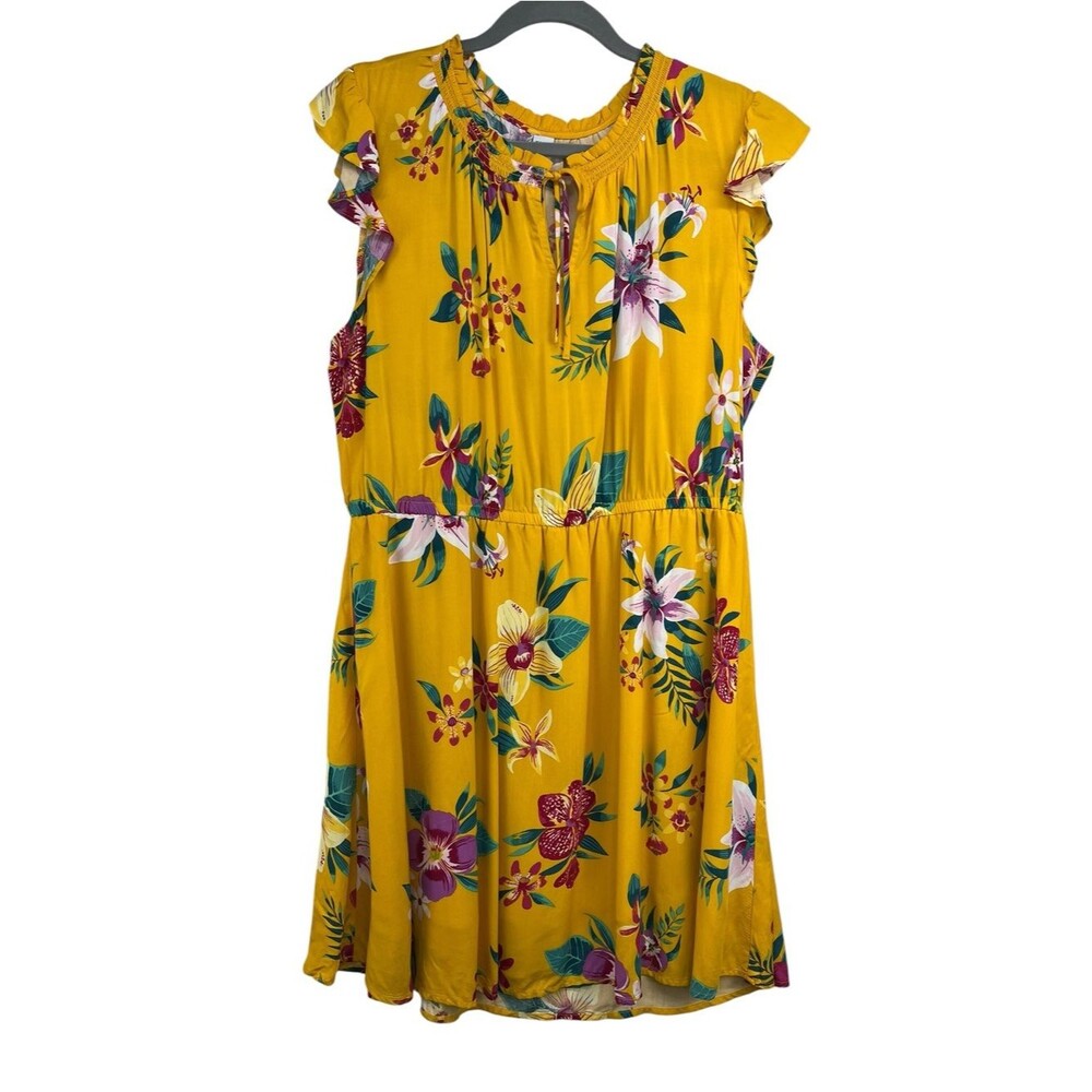 Old Navy Yellow Floral Flutter Sleeve Keyhole Neckline Dress XL Lined